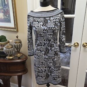 Sophie Max Black Blue White Print 3/4 Sleeve Dress Stretch PullOn Size SMALL EUC